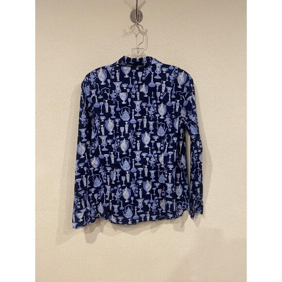 Talbots Shirt Womens 10 Navy Blue Non-Iron Porcelain Vase Print Button Front - Picture 5 of 5